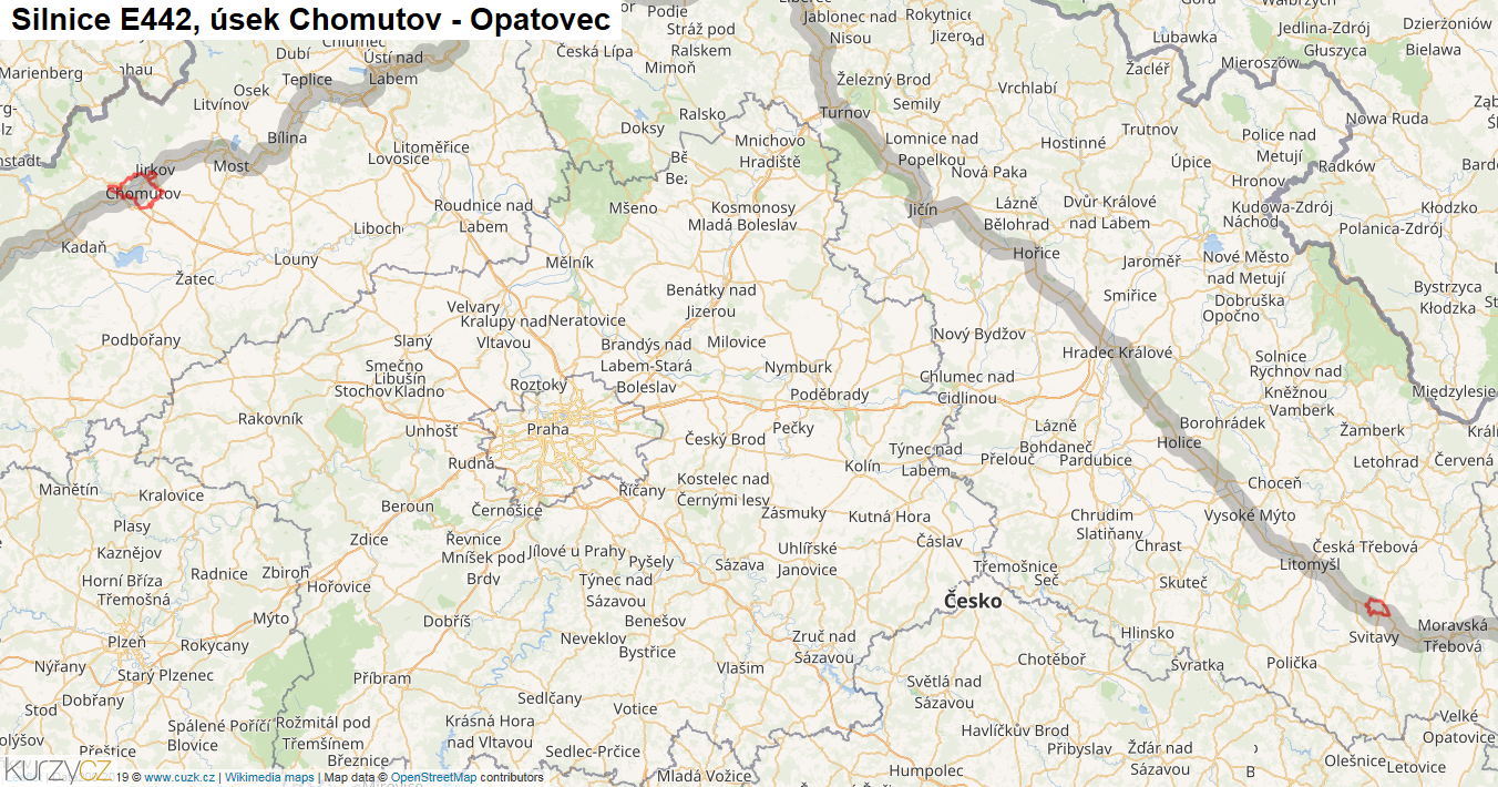 Úsek Chomutov - Opatovec, Silnice E442 - Mapa