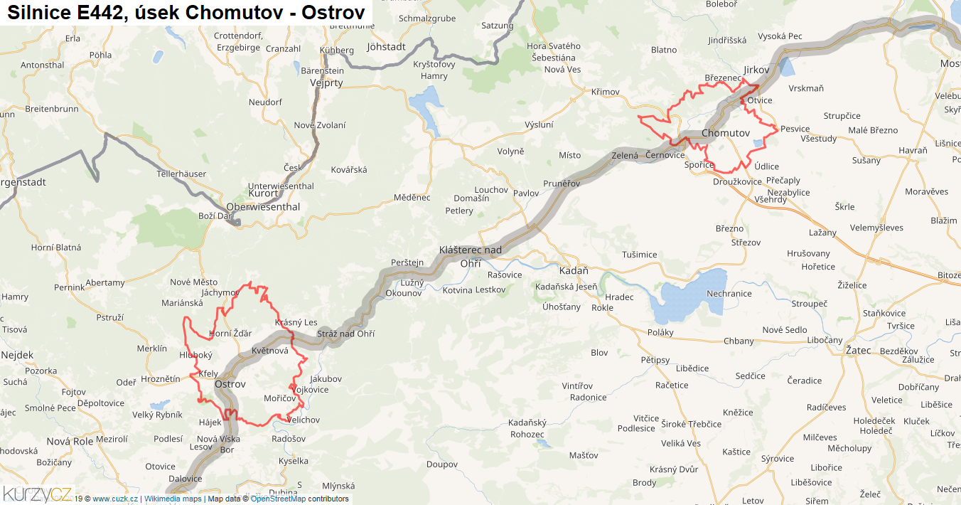 Úsek Chomutov - Ostrov, Silnice E442 - Mapa
