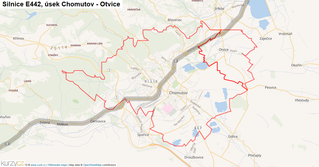 Úsek Chomutov - Otvice, Silnice E442 - Mapa
