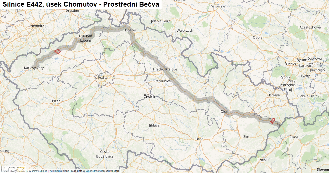Úsek Chomutov - Prostřední Bečva, Silnice E442 - Mapa