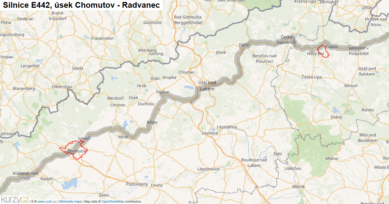 Úsek Chomutov - Radvanec, Silnice E442 - Mapa