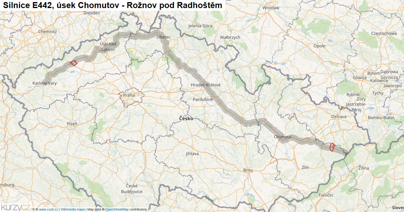 Úsek Chomutov - Rožnov pod Radhoštěm, Silnice E442 - Mapa