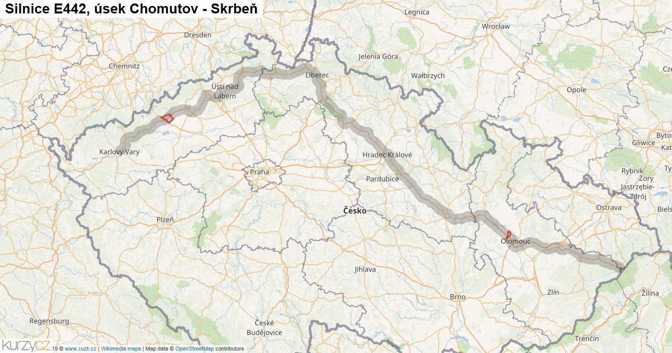 Úsek Chomutov - Skrbeň, Silnice E442 - Mapa