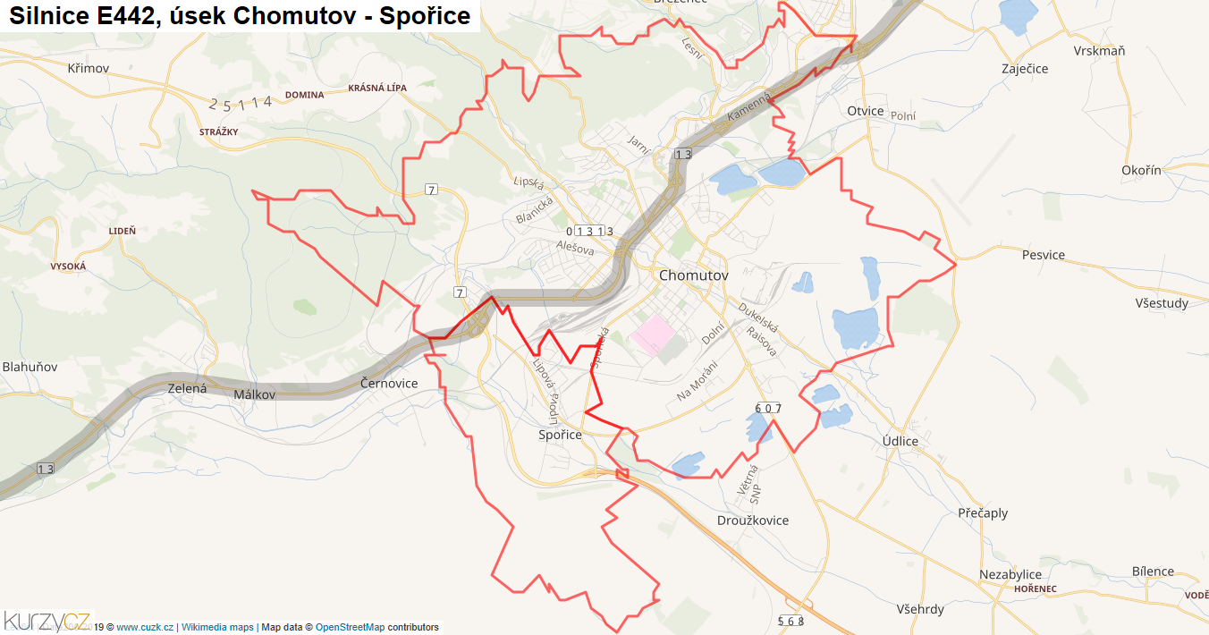 Úsek Chomutov - Spořice, Silnice E442 - Mapa