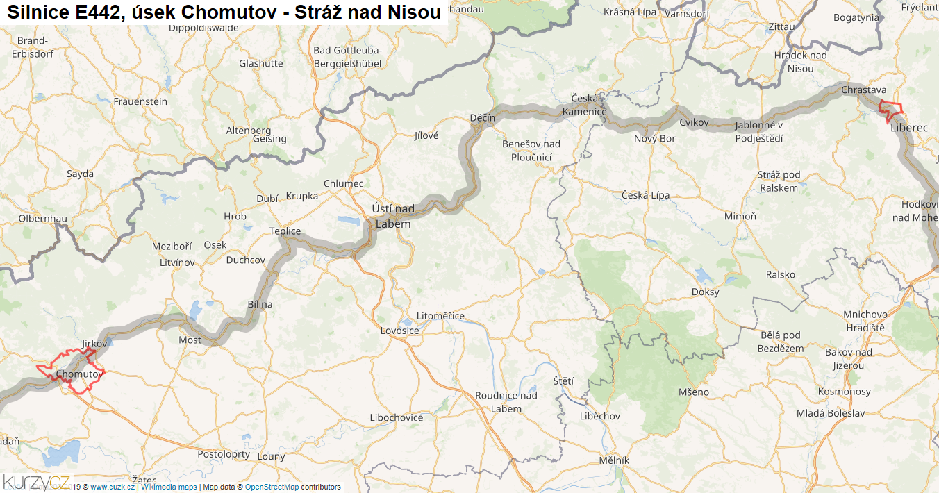 Úsek Chomutov - Stráž nad Nisou, Silnice E442 - Mapa