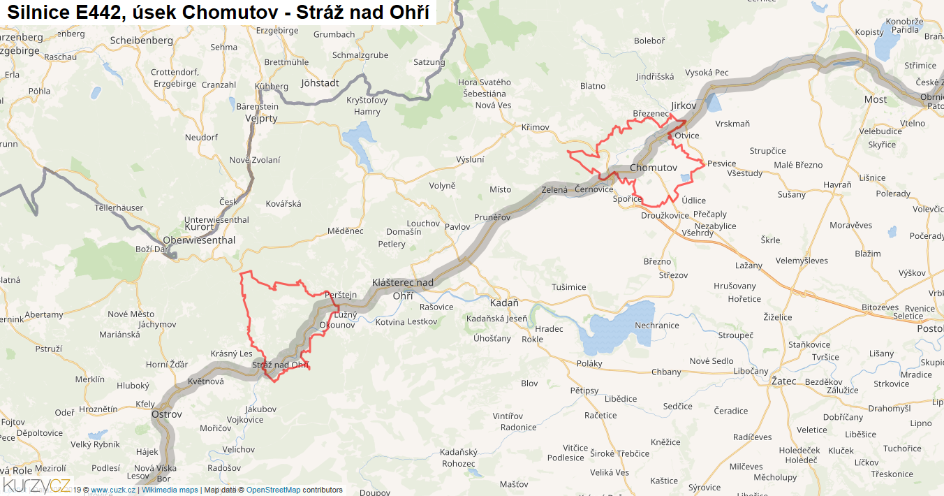 Úsek Chomutov - Stráž nad Ohří, Silnice E442 - Mapa