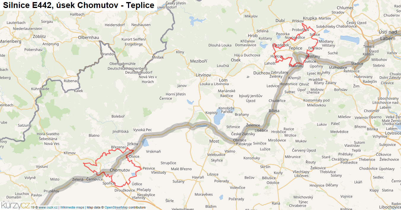 Úsek Chomutov - Teplice, Silnice E442 - Mapa