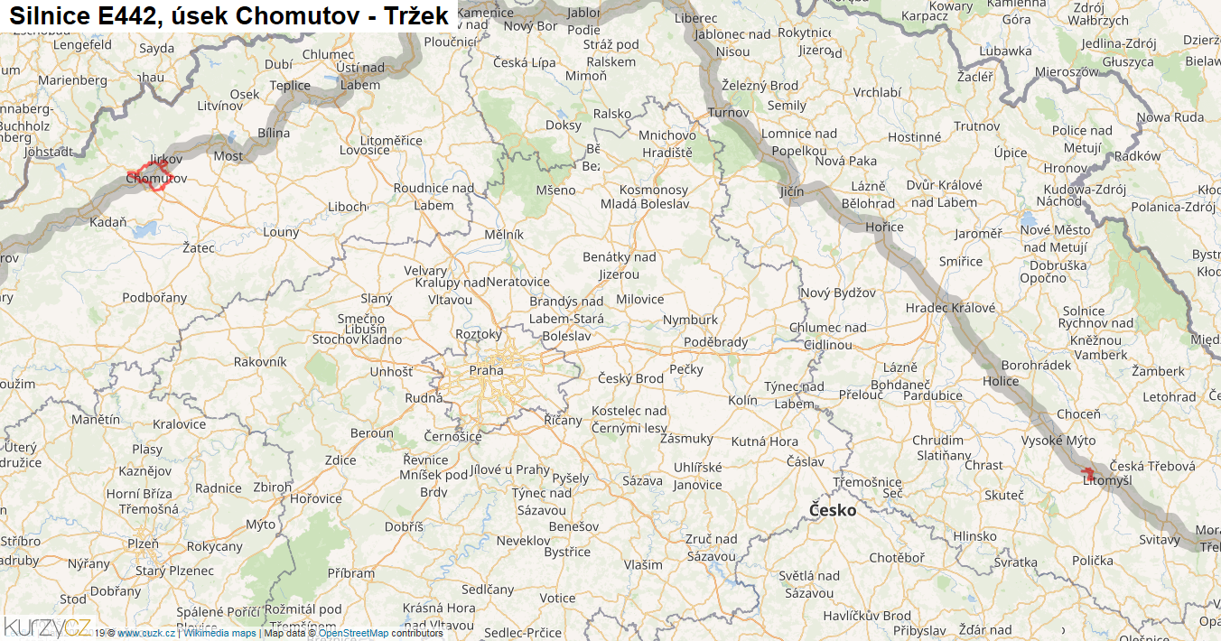 Úsek Chomutov - Tržek, Silnice E442 - Mapa