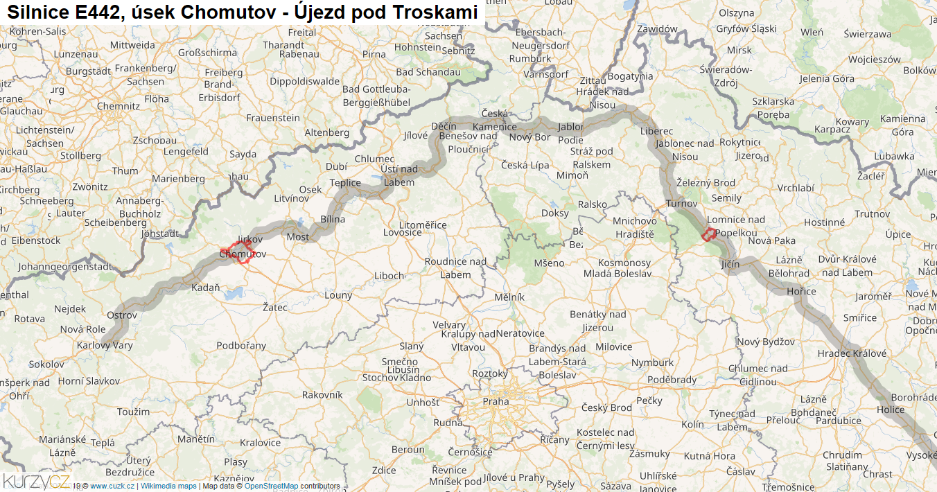 Úsek Chomutov - Újezd pod Troskami, Silnice E442 - Mapa