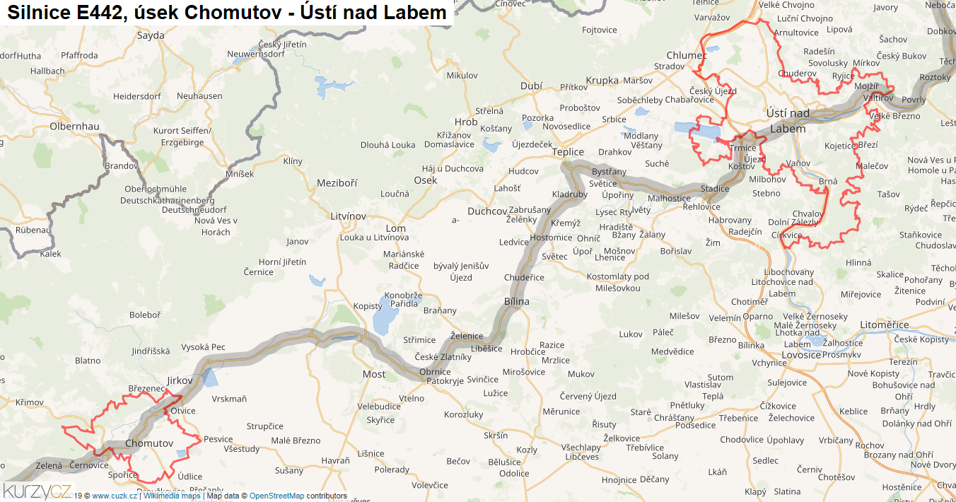 Úsek Chomutov - Ústí nad Labem, Silnice E442 - Mapa