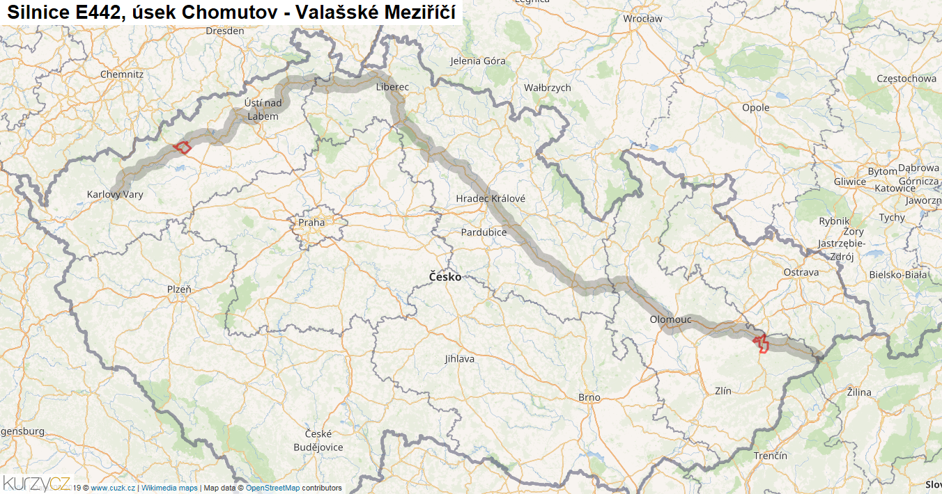 Úsek Chomutov - Valašské Meziříčí, Silnice E442 - Mapa
