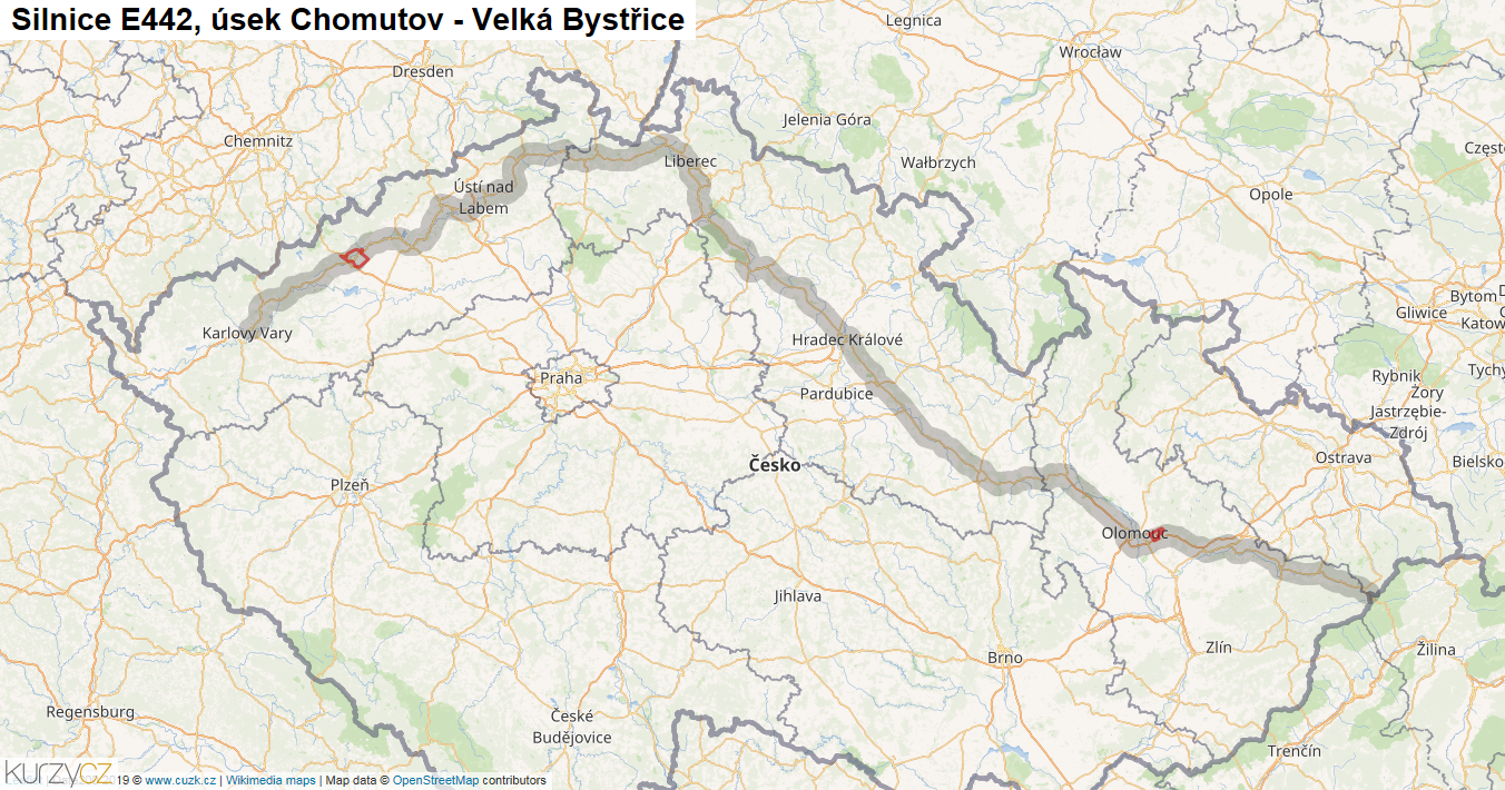 Úsek Chomutov - Velká Bystřice, Silnice E442 - Mapa