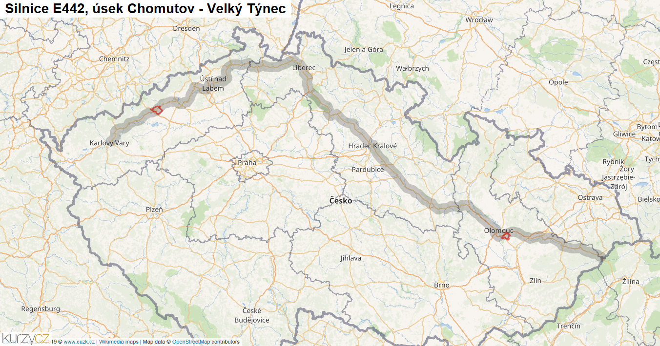 Úsek Chomutov - Velký Týnec, Silnice E442 - Mapa