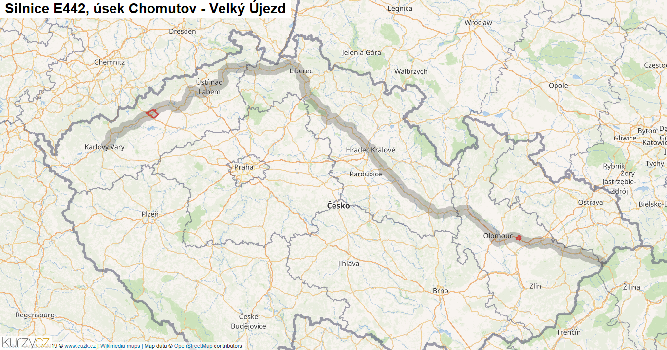 Úsek Chomutov - Velký Újezd, Silnice E442 - Mapa