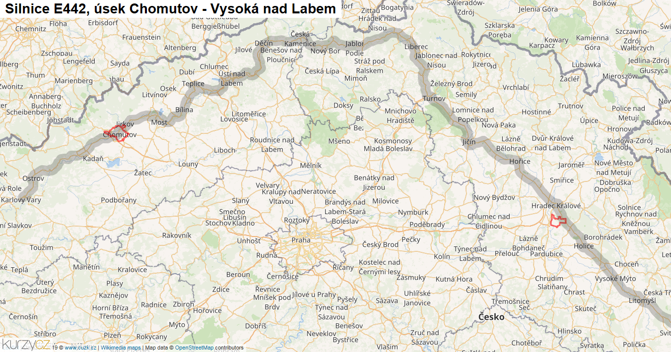 Úsek Chomutov - Vysoká nad Labem, Silnice E442 - Mapa