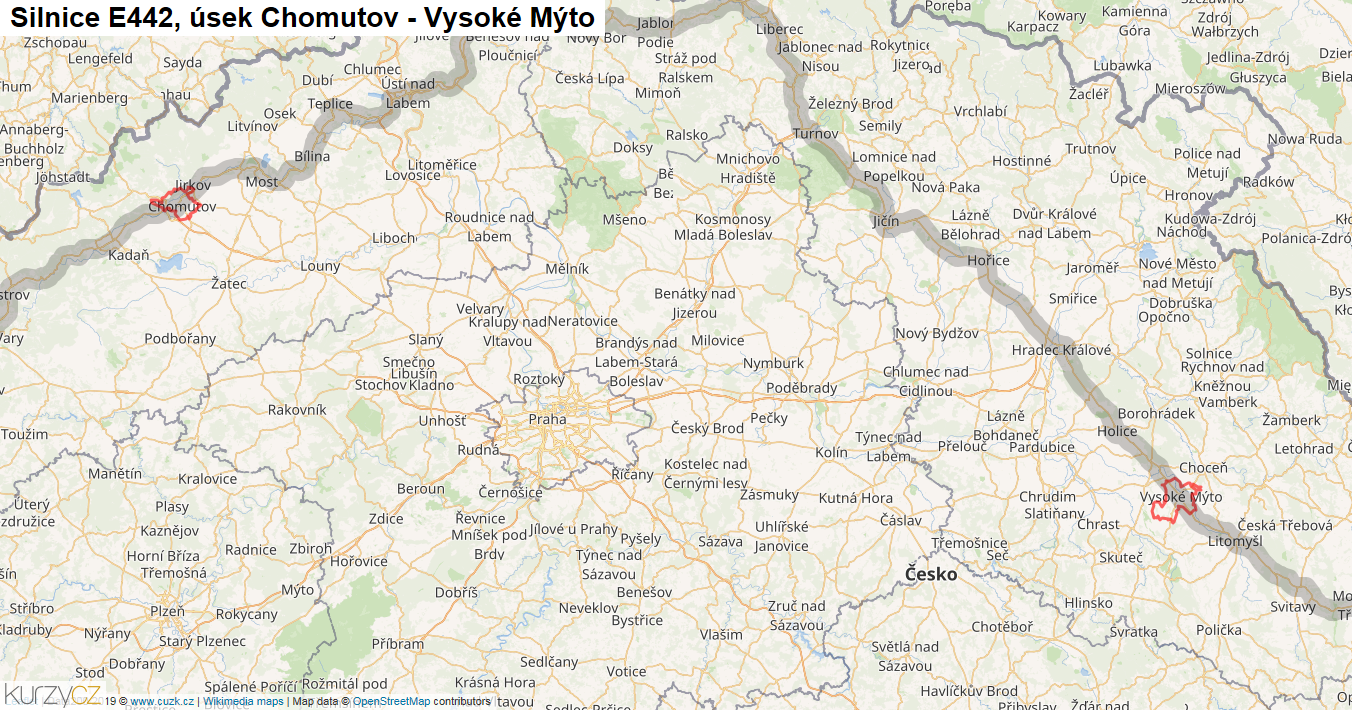 Úsek Chomutov - Vysoké Mýto, Silnice E442 - Mapa