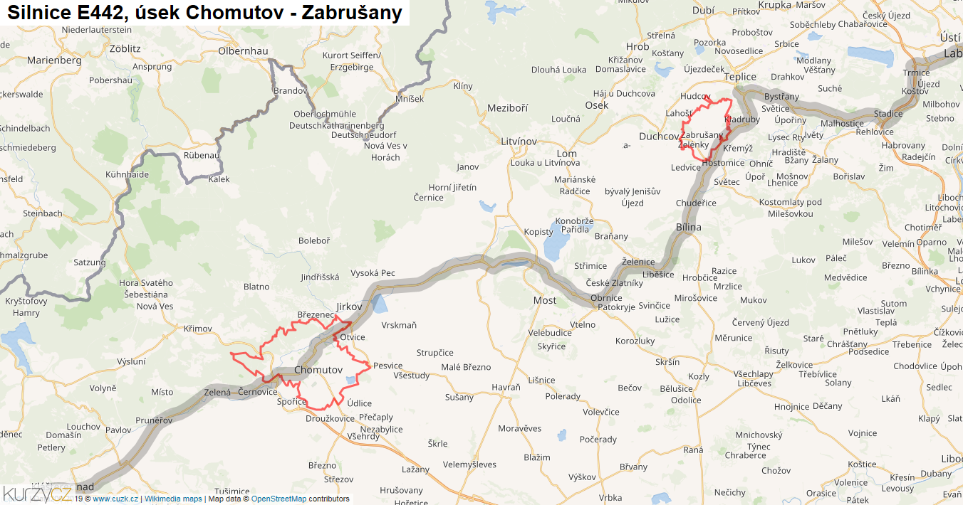 Úsek Chomutov - Zabrušany, Silnice E442 - Mapa