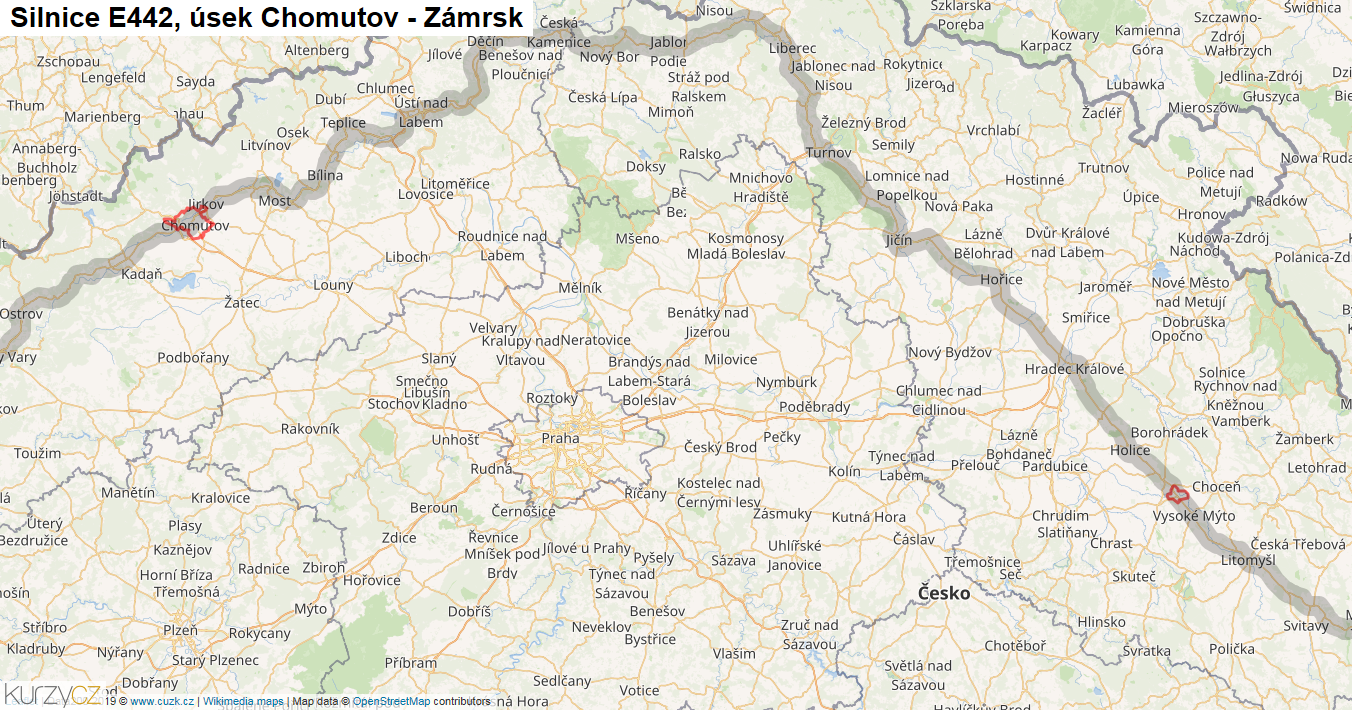 Úsek Chomutov - Zámrsk, Silnice E442 - Mapa