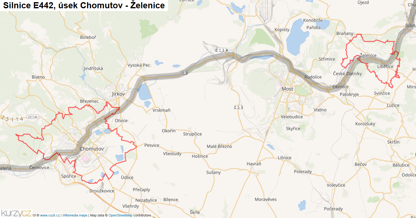 Úsek Chomutov - Želenice, Silnice E442 - Mapa
