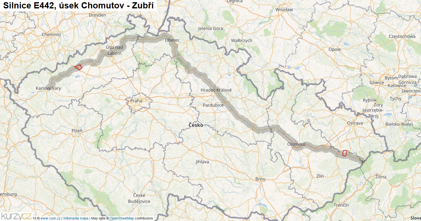 Úsek Chomutov - Zubří, Silnice E442 - Mapa