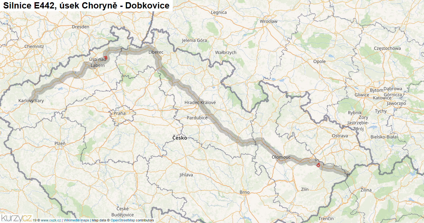 Úsek Choryně - Dobkovice, Silnice E442 - Mapa