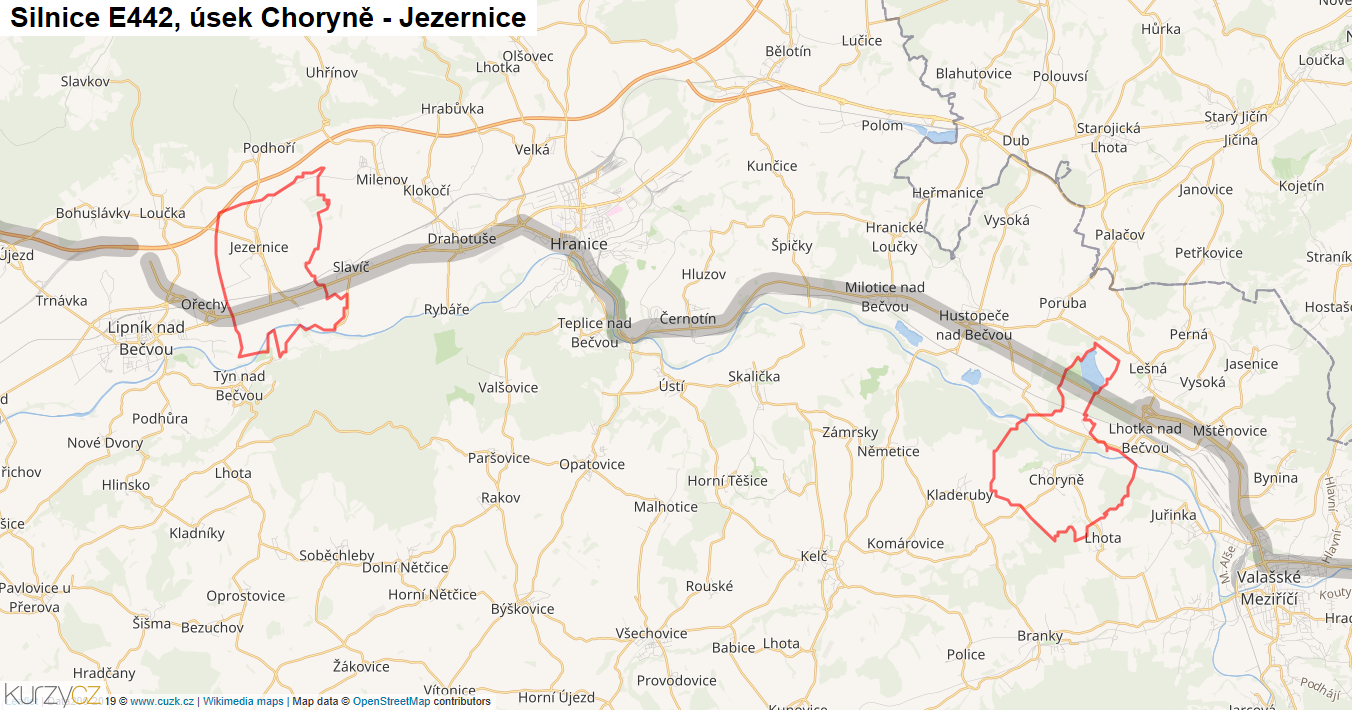 Úsek Choryně - Jezernice, Silnice E442 - Mapa