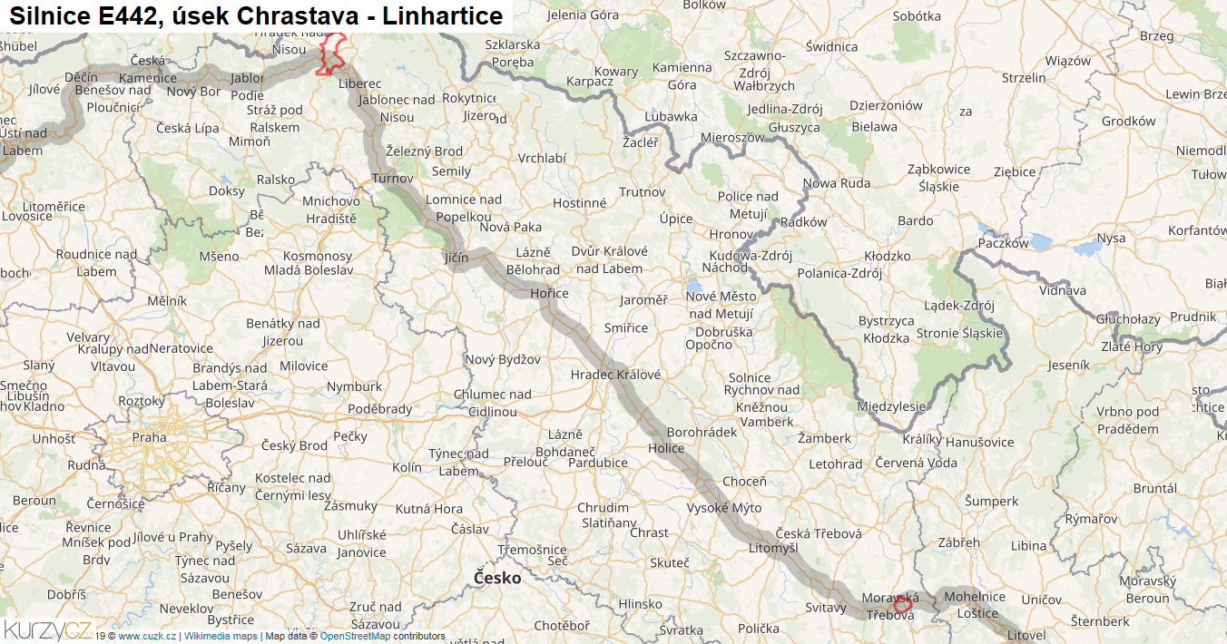 Úsek Chrastava - Linhartice, Silnice E442 - Mapa
