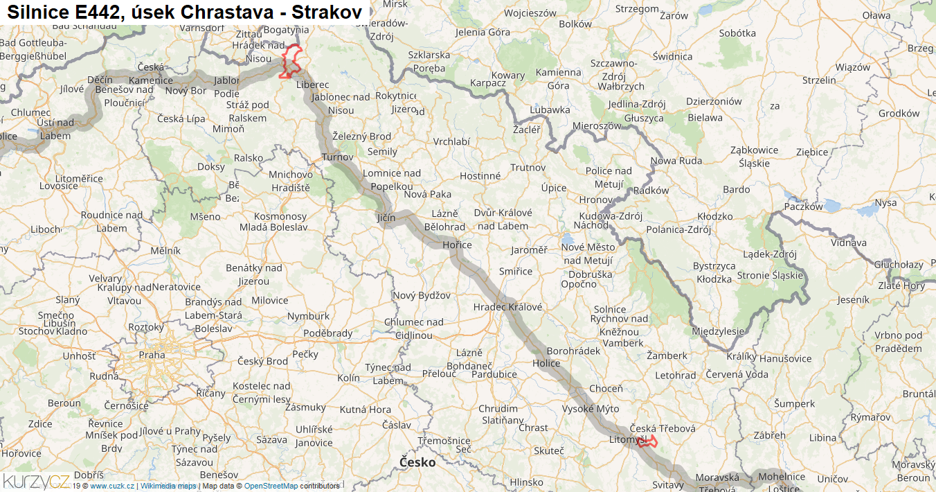 Úsek Chrastava - Strakov, Silnice E442 - Mapa