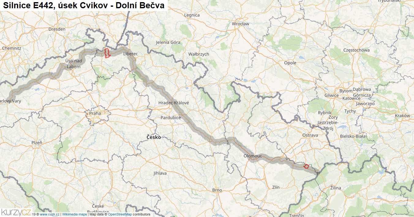Úsek Cvikov - Dolní Bečva, Silnice E442 - Mapa