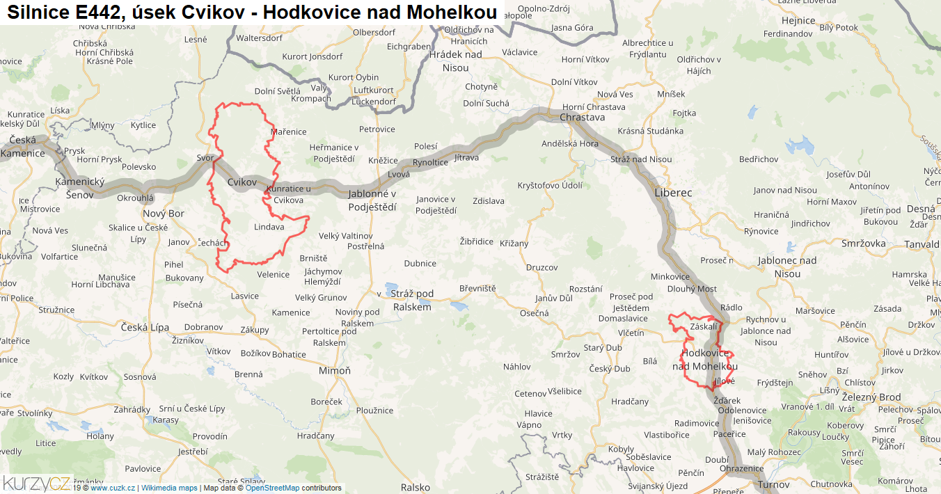 Úsek Cvikov - Hodkovice nad Mohelkou, Silnice E442 - Mapa