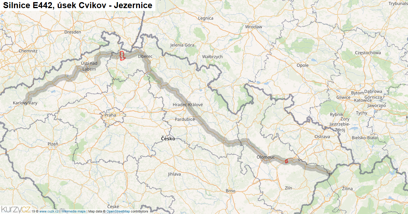 Úsek Cvikov - Jezernice, Silnice E442 - Mapa