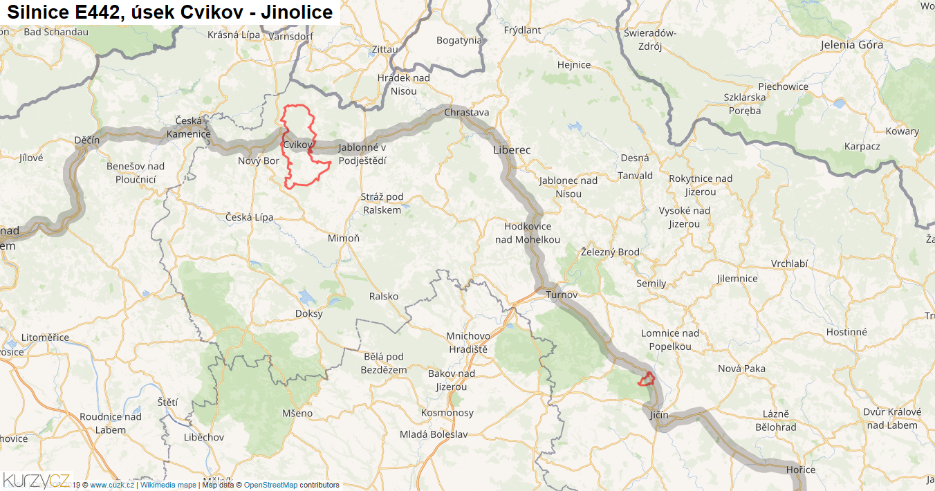 Úsek Cvikov - Jinolice, Silnice E442 - Mapa
