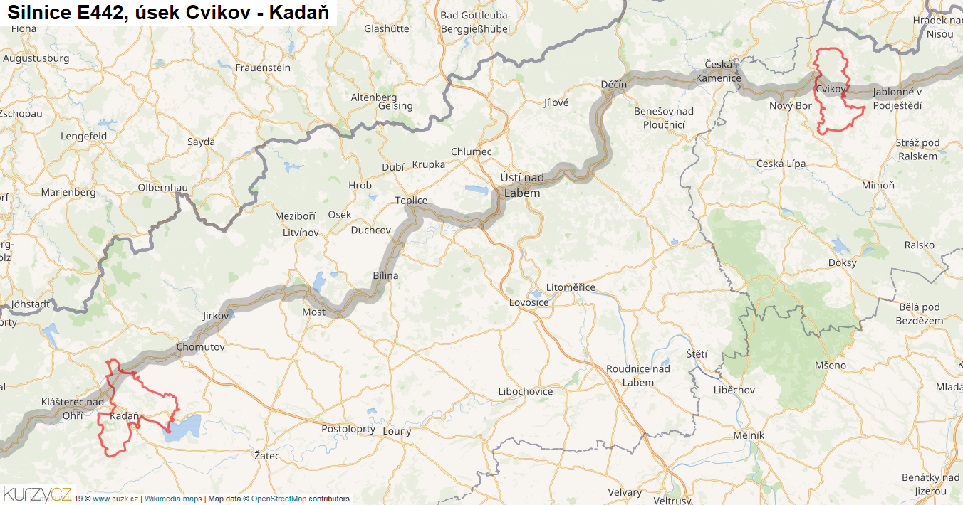 Úsek Cvikov - Kadaň, Silnice E442 - Mapa