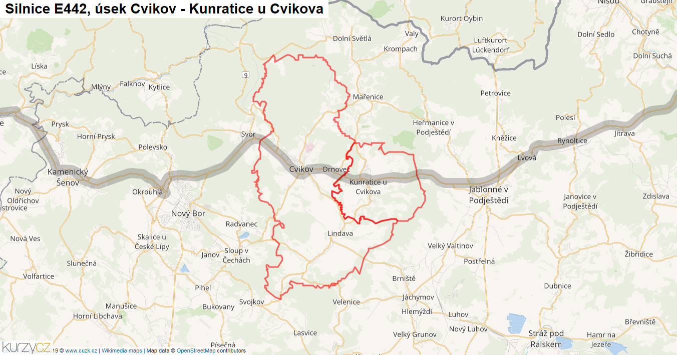 Úsek Cvikov - Kunratice u Cvikova, Silnice E442 - Mapa