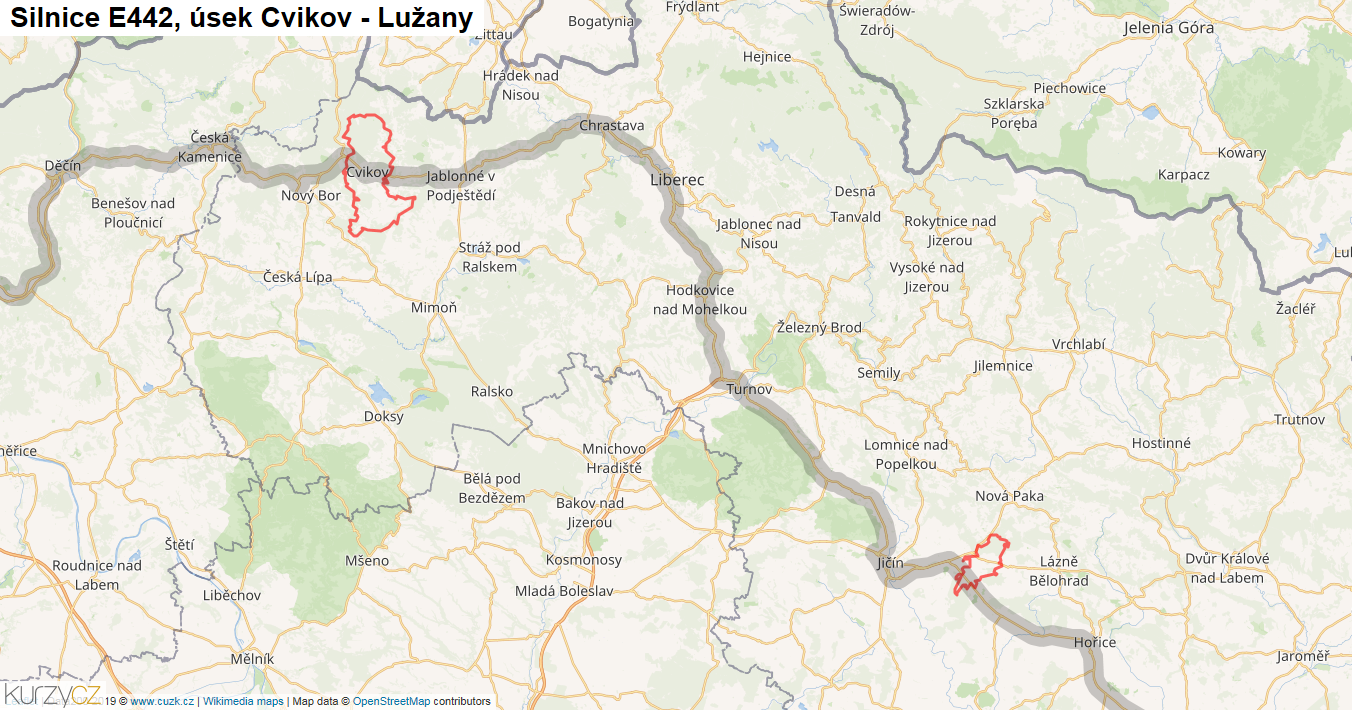 Úsek Cvikov - Lužany, Silnice E442 - Mapa