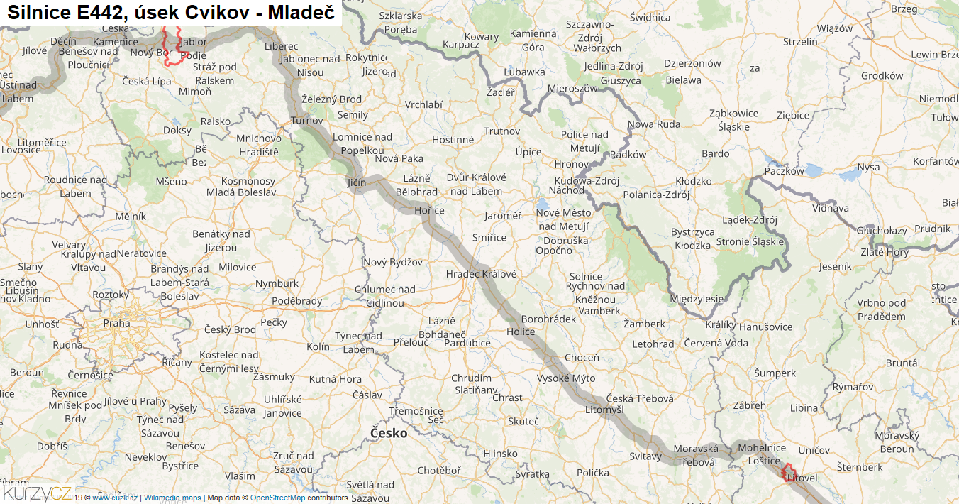 Úsek Cvikov - Mladeč, Silnice E442 - Mapa