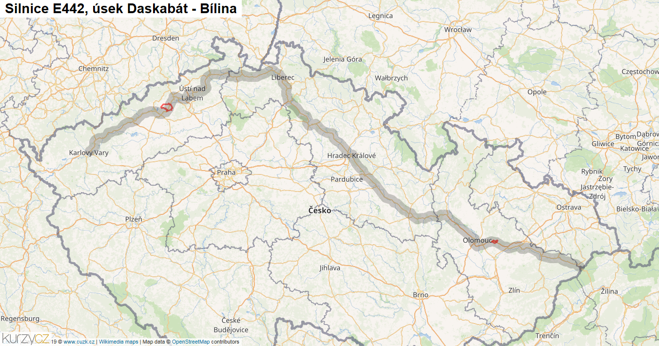Úsek Daskabát - Bílina, Silnice E442 - Mapa