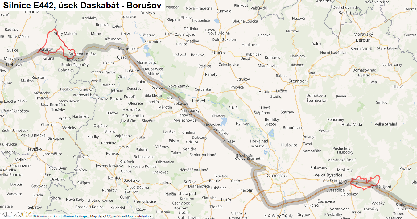 Úsek Daskabát - Borušov, Silnice E442 - Mapa
