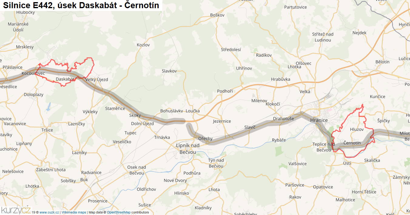 Úsek Daskabát - Černotín, Silnice E442 - Mapa