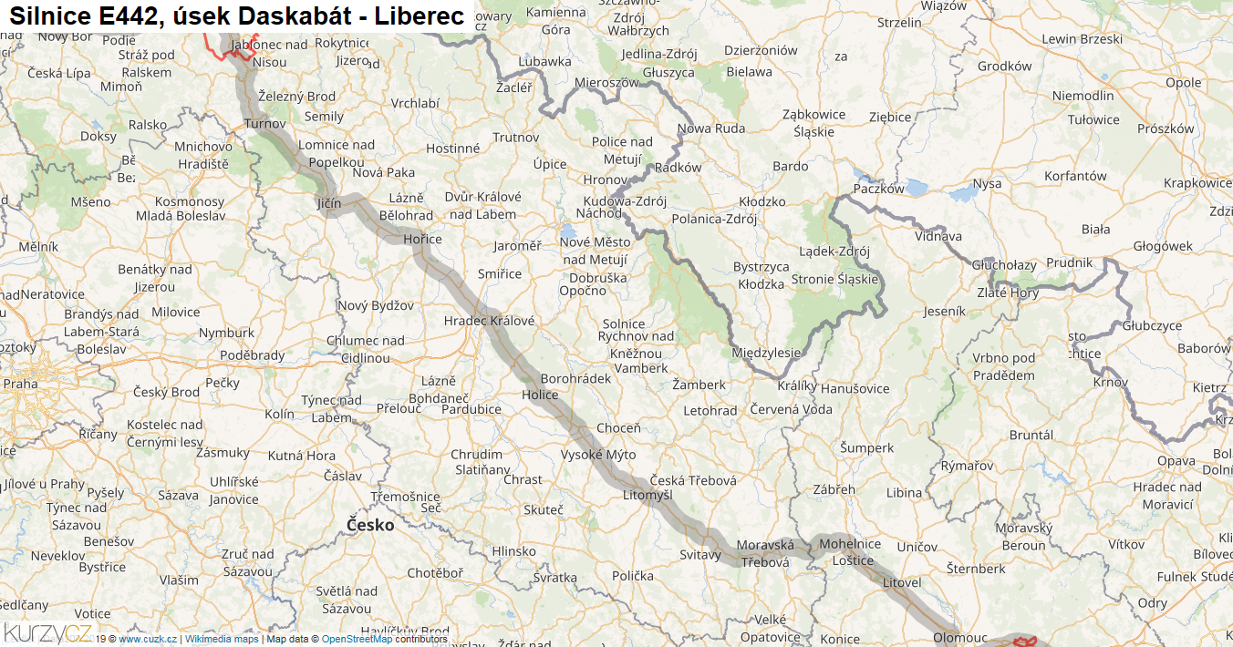 Úsek Daskabát - Liberec, Silnice E442 - Mapa