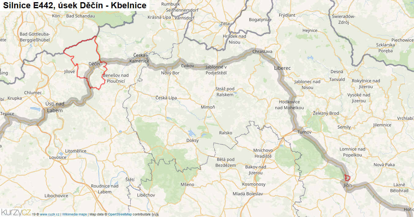 Úsek Děčín - Kbelnice, Silnice E442 - Mapa