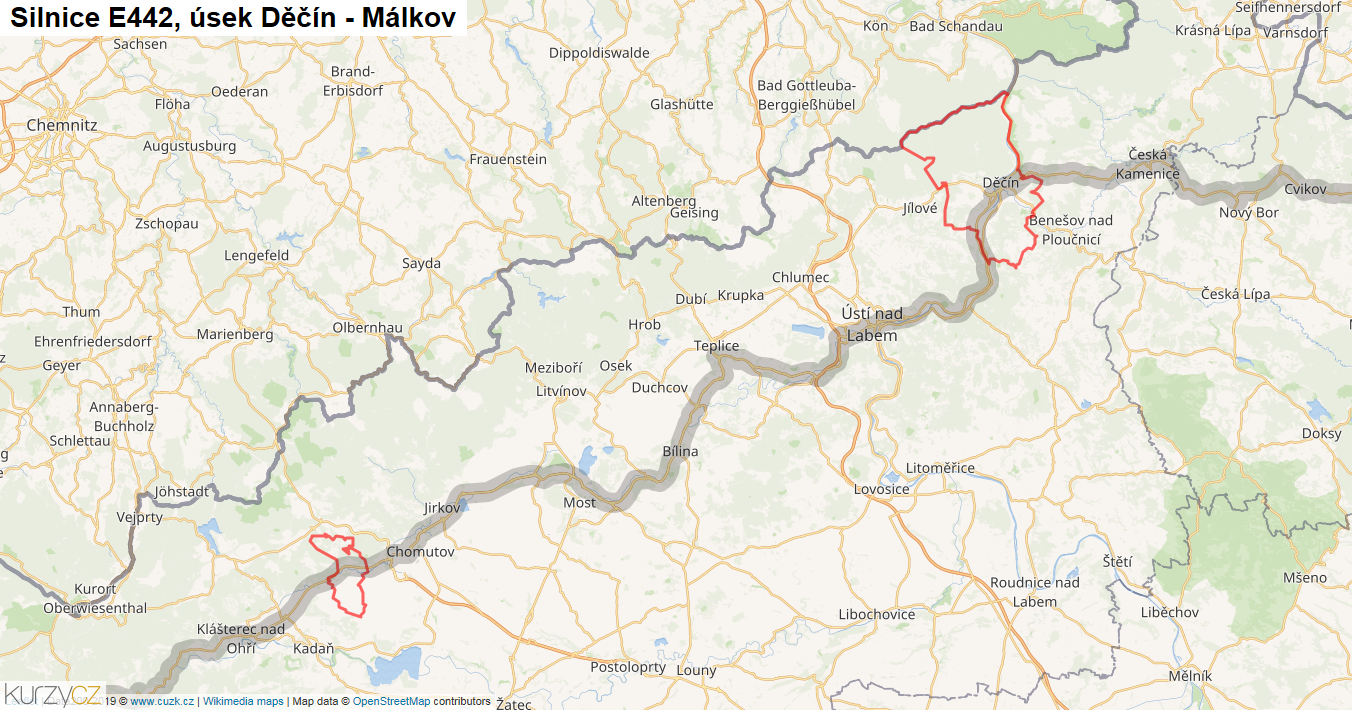 Úsek Děčín - Málkov, Silnice E442 - Mapa