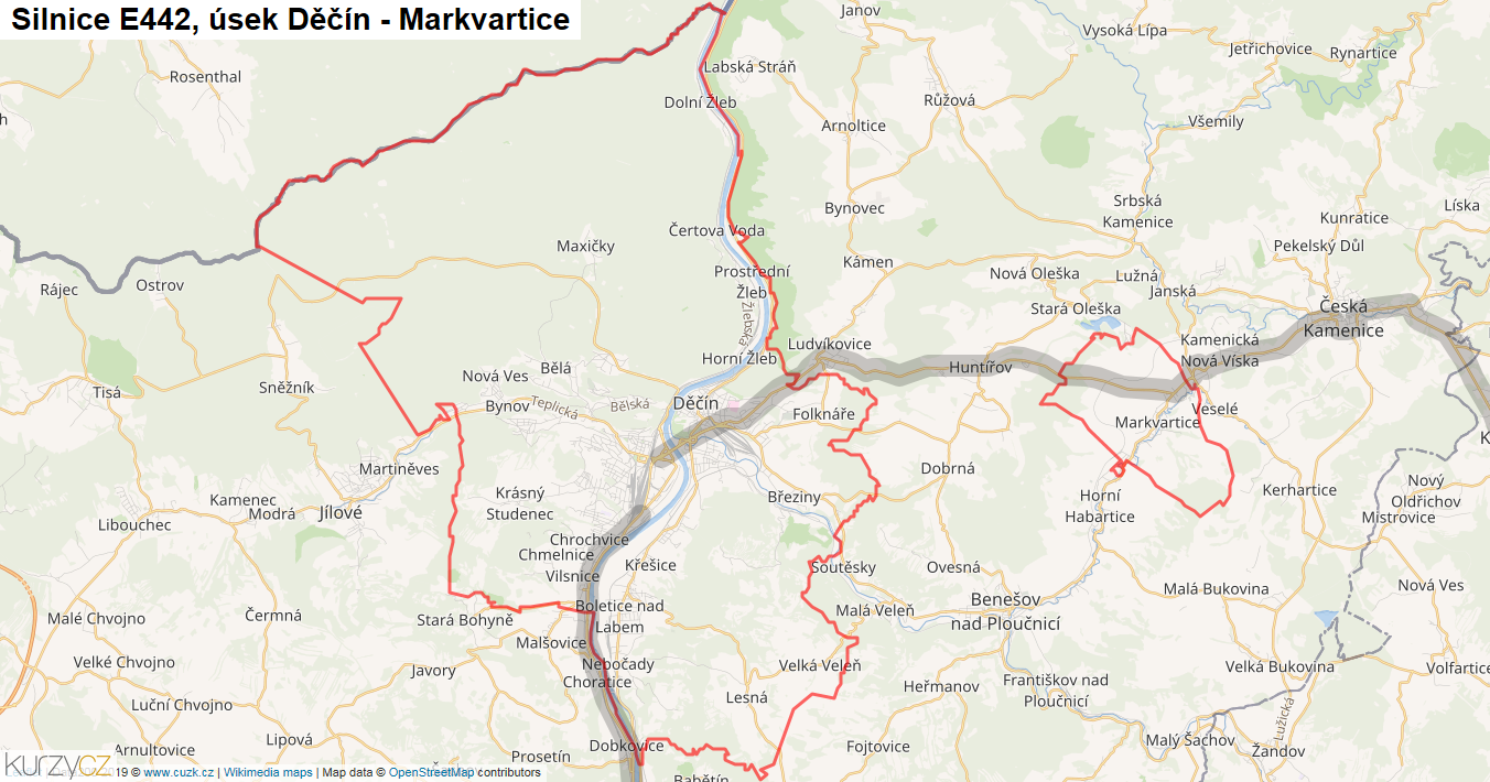 Úsek Děčín - Markvartice, Silnice E442 - Mapa