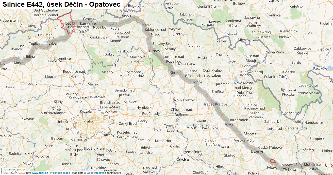 Úsek Děčín - Opatovec, Silnice E442 - Mapa