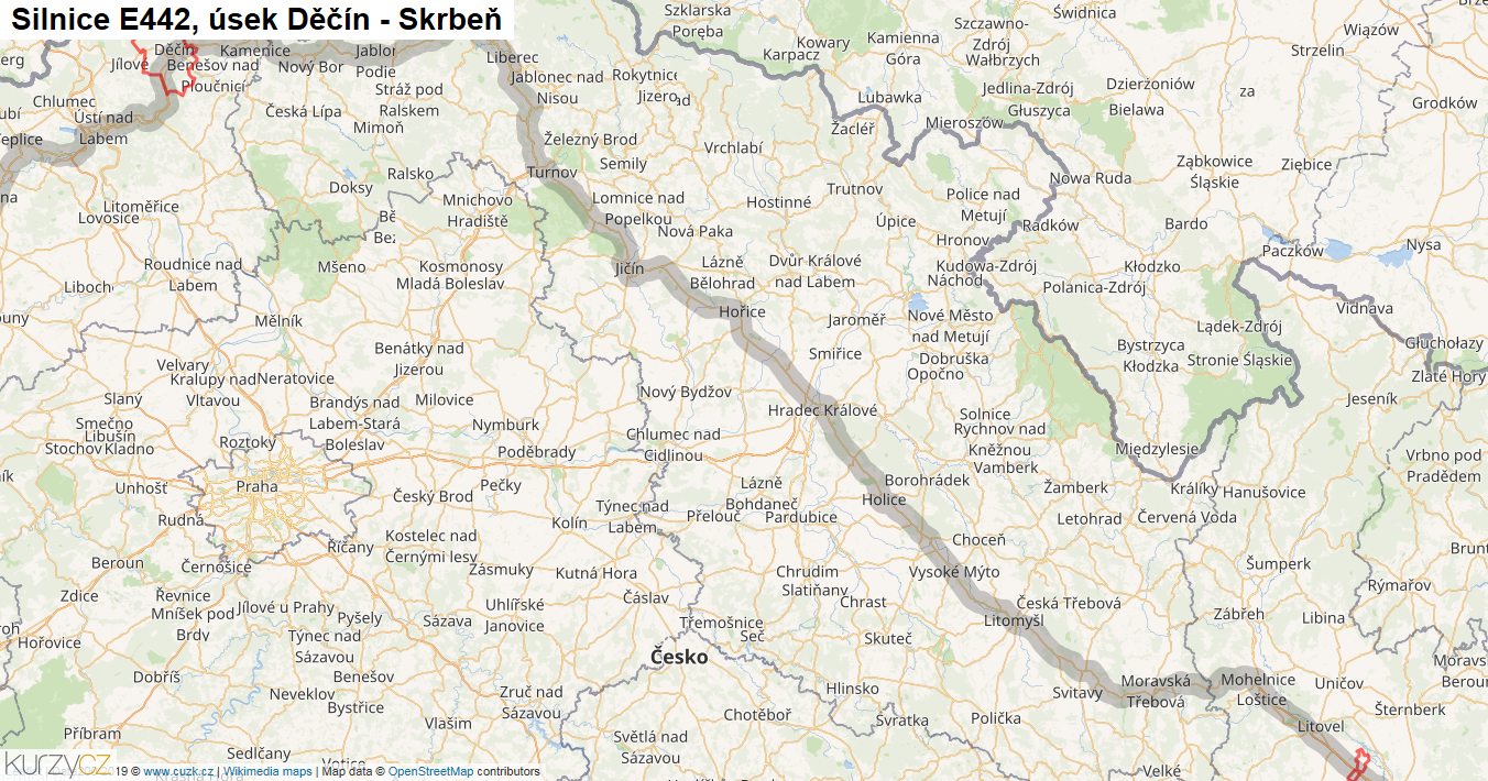 Úsek Děčín - Skrbeň, Silnice E442 - Mapa