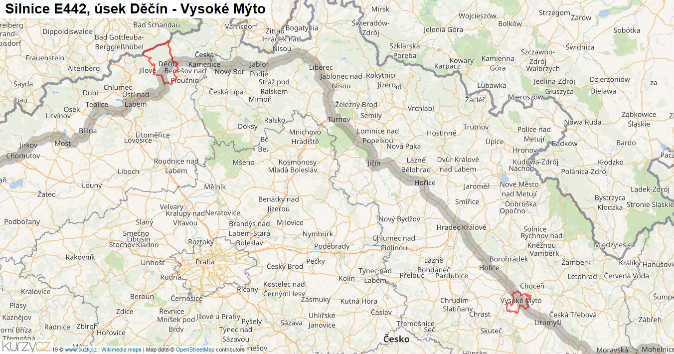 Úsek Děčín - Vysoké Mýto, Silnice E442 - Mapa