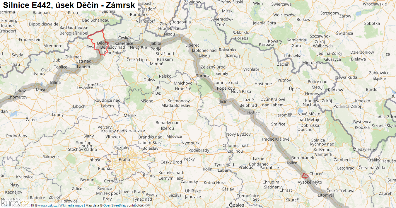 Úsek Děčín - Zámrsk, Silnice E442 - Mapa