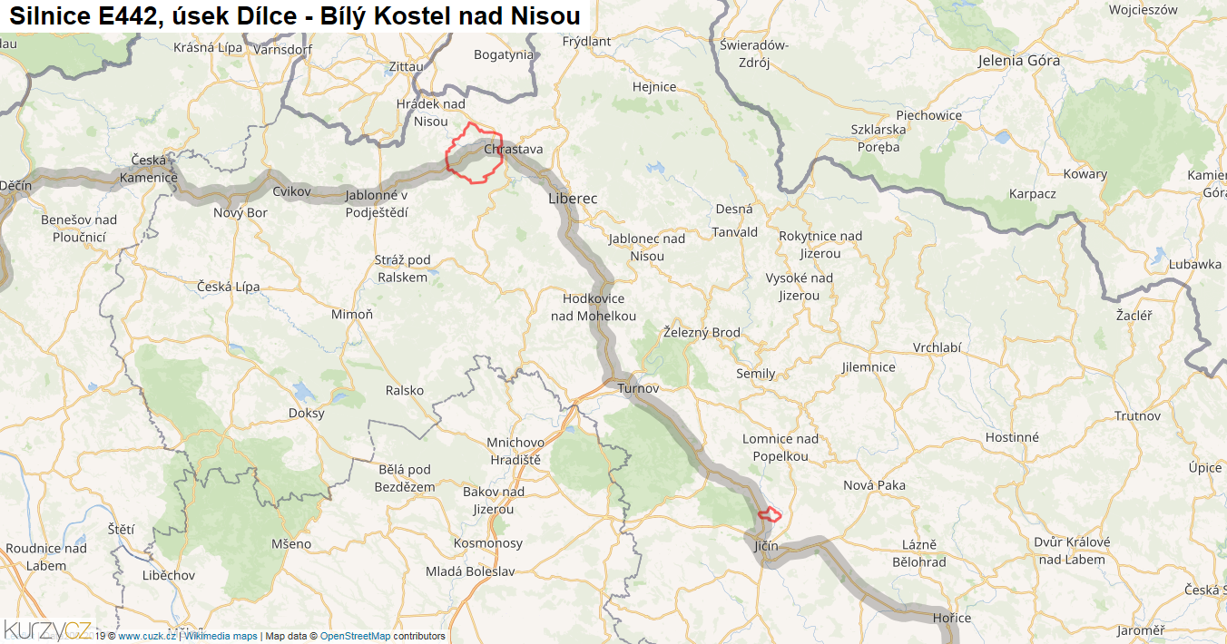 Úsek Dílce - Bílý Kostel nad Nisou, Silnice E442 - Mapa