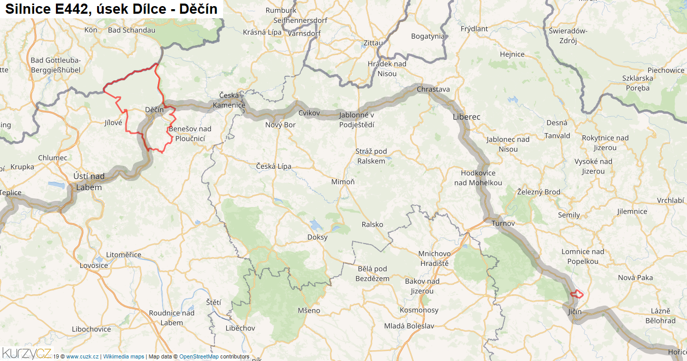 Úsek Dílce - Děčín, Silnice E442 - Mapa