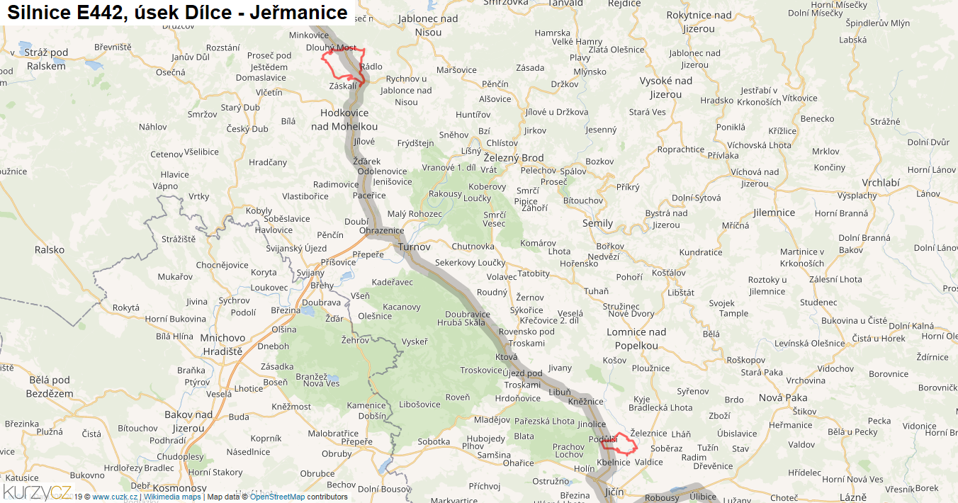 Úsek Dílce - Jeřmanice, Silnice E442 - Mapa